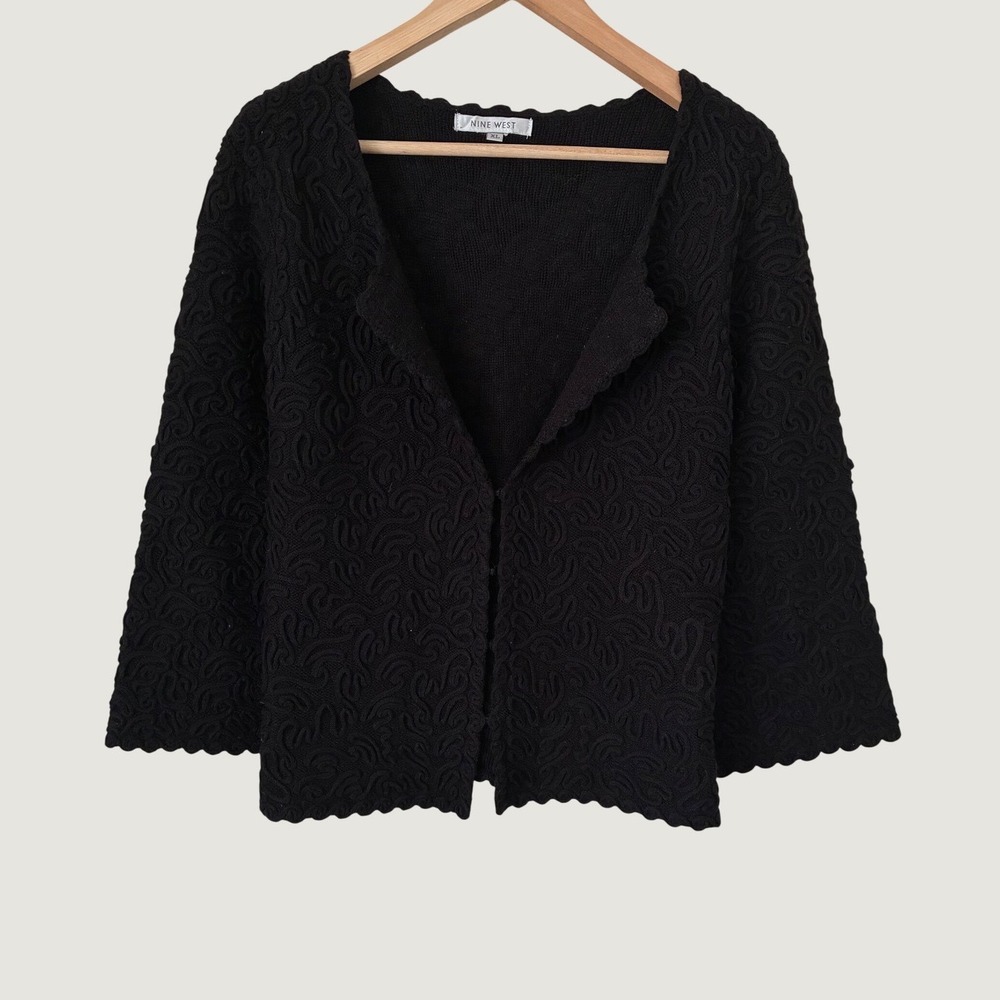 Nine West Vintage Black‎ Textured Swirl Cardigan Scalloped Trim Grunge Goth XL